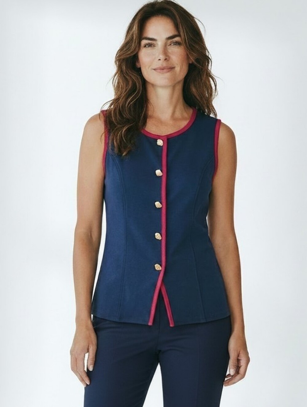 NWT Rio & Rian Navy & Burgundy Trim Sleeveless Gold Buttons Button Down Blouse